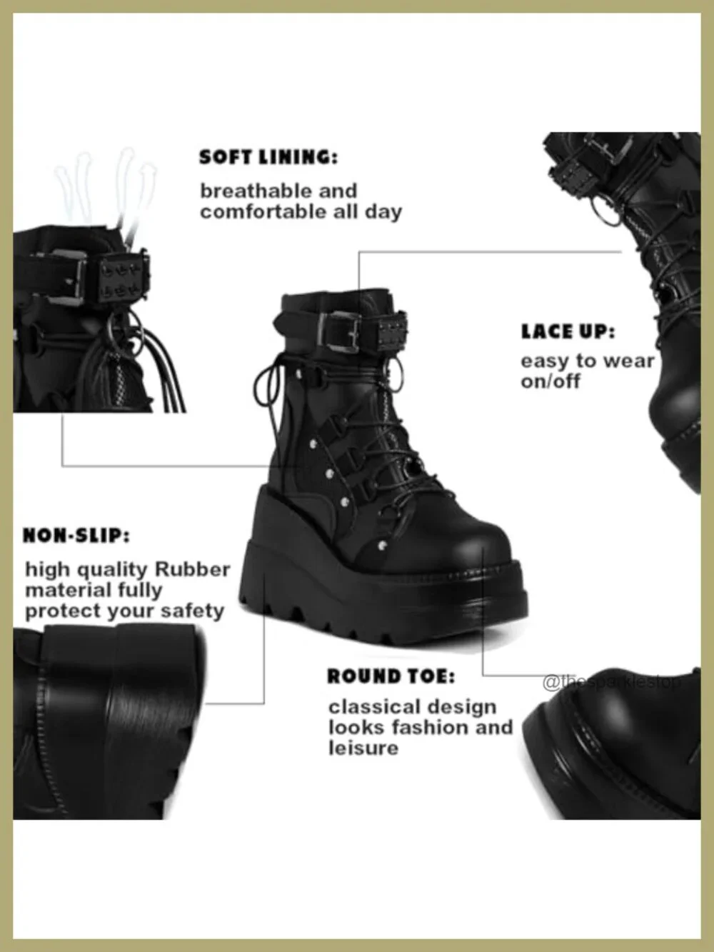 Goth Platform Wedge Booties Chunky Heel Lace Up Vegan PU Leather Ankle Boots